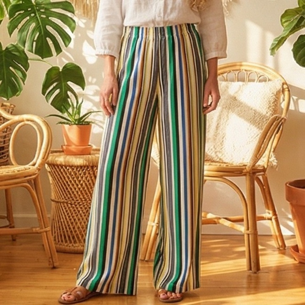 Melissa Paige Womens L Wide Leg Striped‎ Boho Pants Multicolor Elastic Waist